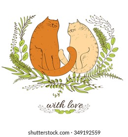 Decorative frame with leaves and two cute spring cats on love postcard.