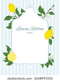 Uma moldura decorativa com limões e folhas verdes em um estilo limpo e vetorial. Limões e folhagem adornam um fundo listrado com um espaço em branco central. Ilustração de vetor de desenhos animados.