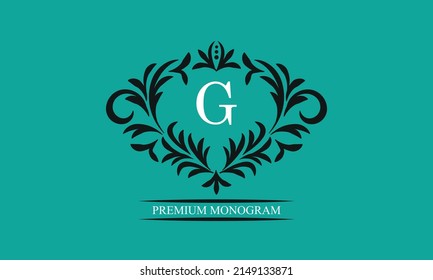 Marco decorativo con la letra G. Lujoso motivo. Elementos decorativos para el registro de marcas, logotipos, invitaciones, hoteles, tiendas, heraldry.