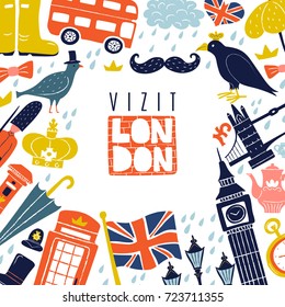 Decorative frame with london landmarks and symbols including flag, bus, umbrella, pound on white background vector illustration