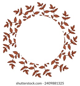A decorative frame made of branches is highlighted on a white background. A pattern of leaves. Vector illustration. For nature, eco and design. Hand-drawn plants, a frame for a postcard.