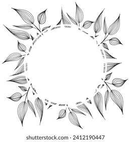 A decorative frame made of branches is highlighted on a white background. A pattern of leaves. Vector illustration. For nature, eco and design. Hand-drawn plants, a frame for a postcard.