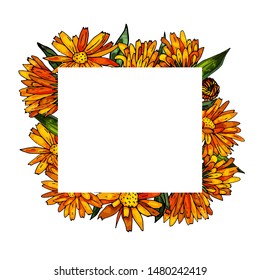 Decorative frame made of calendula flowers. Delicate greeting card, invitation for wedding and birthday. Place for your text. Copy space.