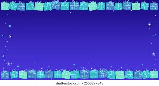 Decorative Frame made of Christmas Ornaments, gift boxes and cute stars elements. Hand drawn doodle elements on blue background.