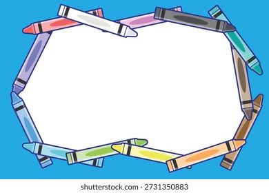 A decorative frame made of colorful crayons surrounding a large blank white space.