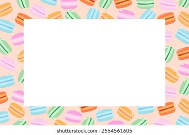 Decorative frame made of colorful macarons in a variety of flavors. Background for banners, cards, flyers, social media wallpapers, etc