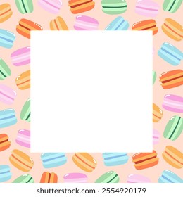 Decorative frame made of colorful macarons in a variety of flavors. Background for banners, cards, flyers, social media wallpapers, etc
