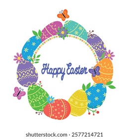A decorative frame made of Easter eggs, floral elements and butterflies. Beautiful design template for greeting cards, invitations, Easter cards and banners. Vector illustration.