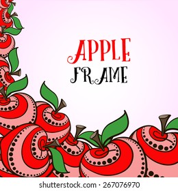 Decorative frame made from hand-drawn red apples on the pink background.