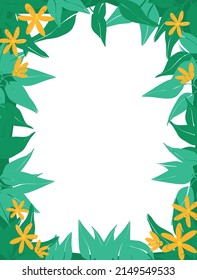 Decorative frame made of leaves and cute flowers. Abstract invitation card on a leafy background. Artistic natural banner design. Abstract art botanical vector background.