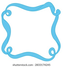A decorative frame made of a light blue ribbon with elegant curls at the corners, isolated on a white background for design projects.
