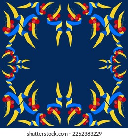 Decorative frame made of number 4. Ribbon font with red viburnum. Traditional Ukrainian symbols. Ethnic pattern in yellow and blue colors.