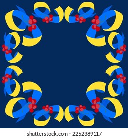Marco decorativo del número 9. Tipo de letra de cinta con viburno rojo. Símbolos tradicionales ucranianos. Patrón étnico en colores amarillo y azul.