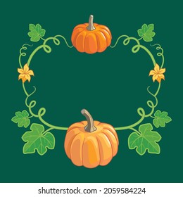 Decorative frame made of pumpkins, stems and leaves. Vector ornament for autumn background