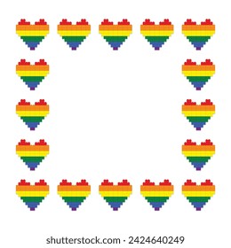 Decorative frame made of rainbow hearts made of blocks on white background vector illustration