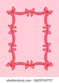 Decorative frame made of red ribbon bows with soft curves, hand-drawn graphic style, placed on a pastel pink background. Concept of cute design. Vector illustration