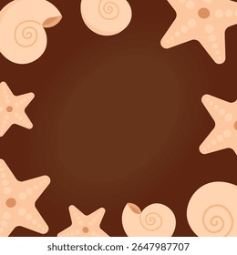 Decorative Frame Made of Seashells and Starfish in Soft Tropical Style on a Beautiful Brown Background