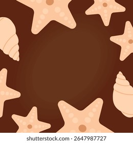 Quadro decorativo feito de conchas e estrela-do-mar em estilo tropical suave em um fundo marrom bonito