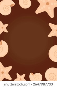 Decorative Frame Made of Seashells and Starfish in Soft Tropical Style on a Beautiful Brown Background