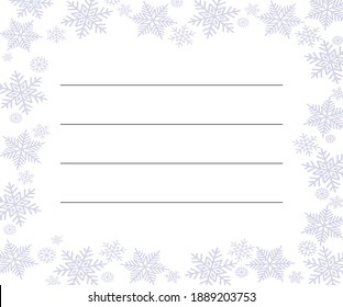 Decorative frame made of snowflakes with a place for notes. Address sticker on a postal envelope.  Guest, Recipient Label. New year and Merry Christmas. Vector flat illustration. 