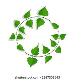 Decorative frame made of thin birch twigs and green leaves. Floral ornament for the design and decoration of invitations and posters. Round frame. Vector