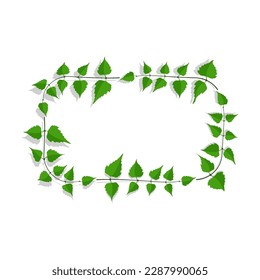 Decorative frame made of thin birch twigs and green leaves. Floral ornament for design and decoration of invitations and posters. Rectangular frames. Vector