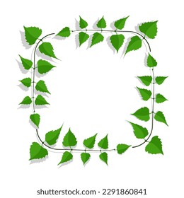 Decorative frame made of thin birch twigs and green leaves. Floral ornament for design and decoration of invitations and posters. Square frame. Vector