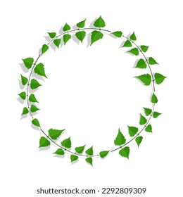 Decorative frame made of thin birch twigs and green leaves. Floral ornament for design and decoration of invitations and posters. Round frame. Vector