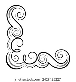 Marco decorativo hecho de rizos ondulados, borde de esquina, patrón de vector negro aislado sobre fondo blanco, elemento decorativo.
