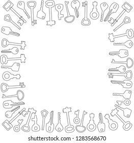 decorative frame of many keys on a white background, painted outline. hand vector