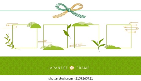 Dekorativer Rahmen mit Matcha-Teeblättern und Wolken, japanische Flachbild-Illustration.