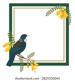 A decorative frame with a native New Zealand tui with kowhai flowers.