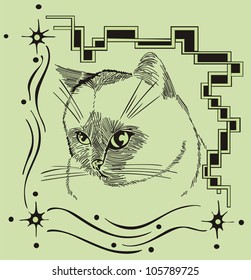 Decorative frame with nice cat. Vector sketch.