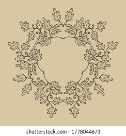 Dekorativer Rahmen mit Eichenblättern und Eichenbarren. Botanischer Kranz für Einladungen, Glückwünsche, Karten, Cover, Verpackung, Plakate. Designelemente sind einzeln auf einem Hintergrund. Vektorgrafik