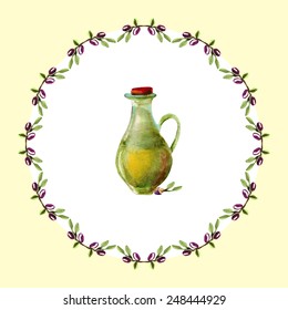 Decorative frame with olives and a jug inside the frame.