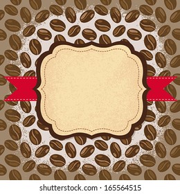 Decorative frame on coffee background - vector illustration with coffee beans, frame with red ribbon