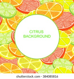 Decorative frame of oranges, lemons, grapefruits and limes. Citrus background. Vector illustration.  Place for text. Easy to edit