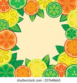 Decorative frame of oranges, lemons and limes. Citrus slices in the vector. 