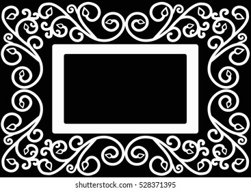 Decorative frame. Decorative ornament with space for text on a black background. greeting card template or coloring book page.