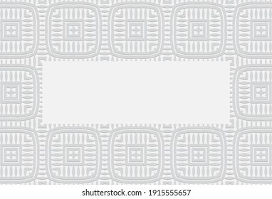 Decorative frame with an ornament for text, advertising. Ethnic convex volumetric white embossed background of geometric shapes.
