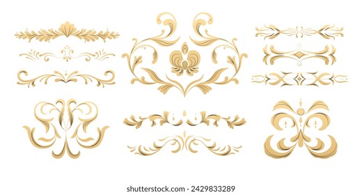 Decorative frame ornamental parts. Luxury monogram and text border stickers, wedding invitation and certificate frame stickers. Vector isolated set of frame luxury floral plant illustration