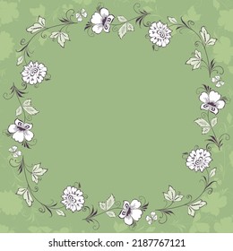 Decorative frame of outlines fantasy flowers with butterflies