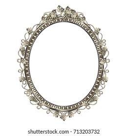 Decorative frame of an oval form of silvery color with art finishing, the vector image on a white background