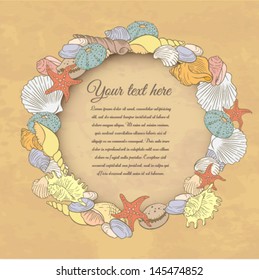 decorative frame in pastel colors with the image of sea shells and place for text