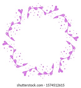 Decorative frame with pink flowers in the shape of a heart. Polka dot plant. Design for Valentine s Day. Illustration for website design, magazine cover, scrapbooking, booklets. Space for text
