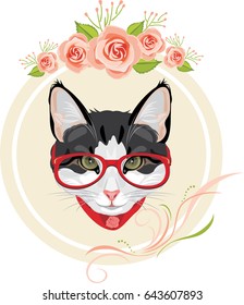 Decorative frame with pink roses and portrait of a funny cat with red glasses. Vector