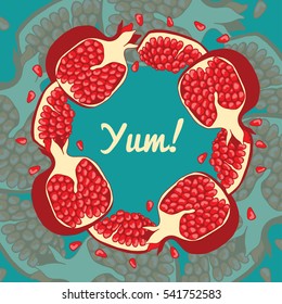 Decorative frame with  pomegranate, design elements. Hand-drawn vector illustration. Background for greeting cards, scrapbooking, print, gift wrap.
