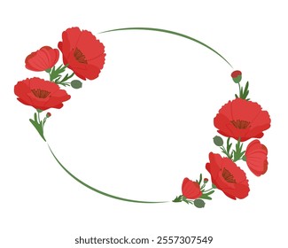 Decorative frame with poppy flowers. Party invitation. Vector illustration for promotional posters and wedding cards. Isolated on white background.