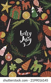 Decorative frame with quote Holly Jolly. Christmas ornament from fir-tree branches, toys, ornaments. New Year greeting card. November sale and black Friday. Flat style in vector illustration.