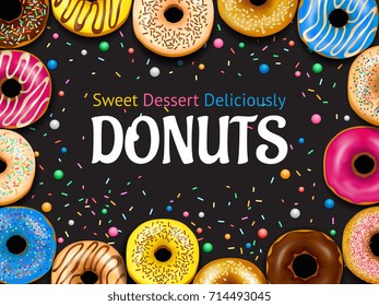 Decorative frame with realistic donuts with various frosting on black background with colorful sprinkles vector illustration 